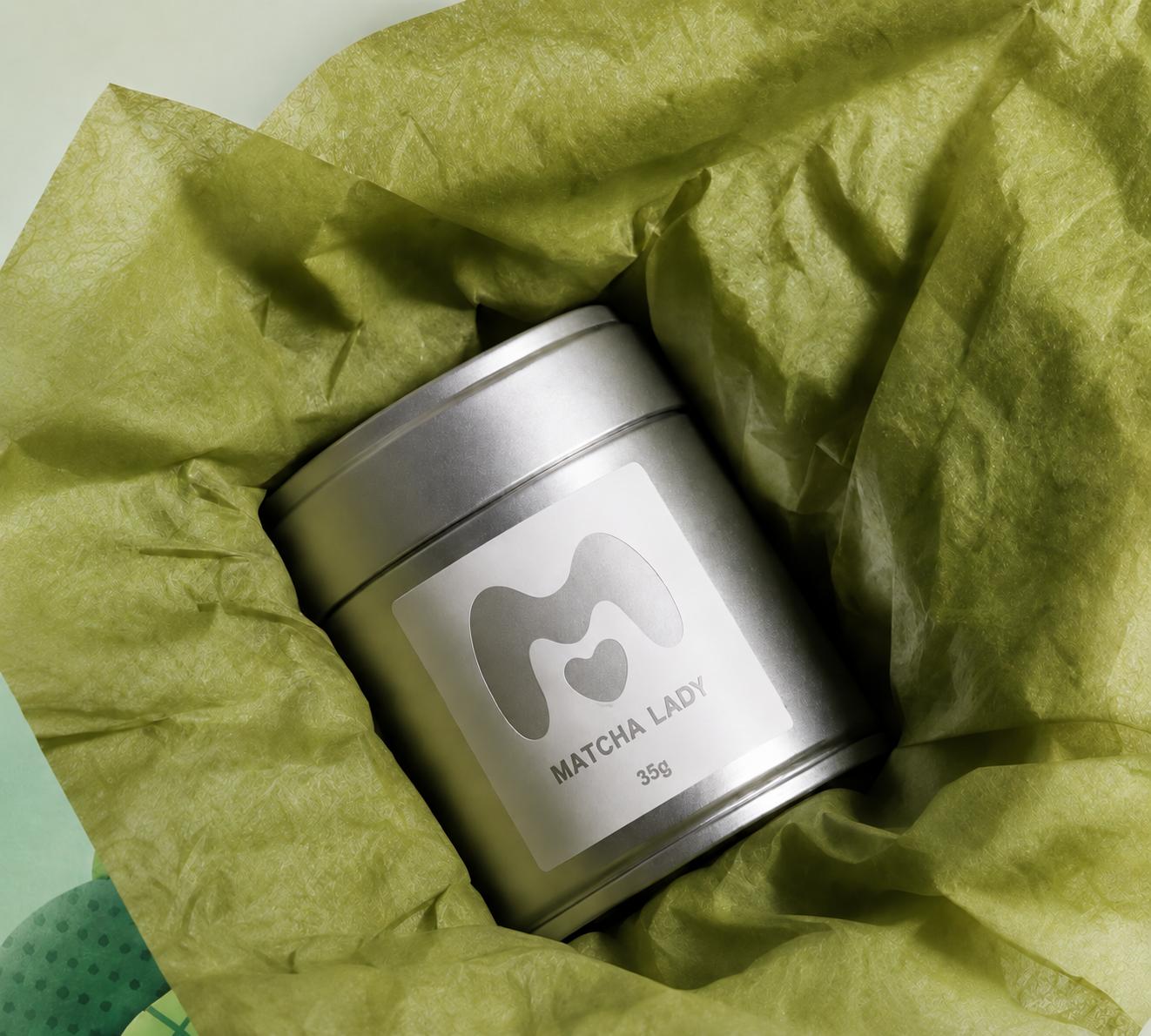 35g Matcha Lady tin nestled in green tissue paper