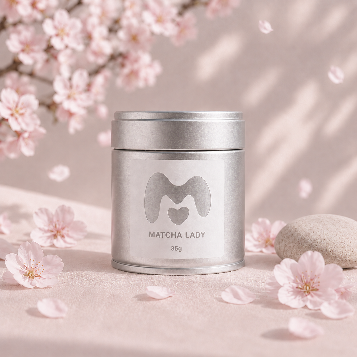 35g Matcha Lady tin surrounded by pink cherry blossoms